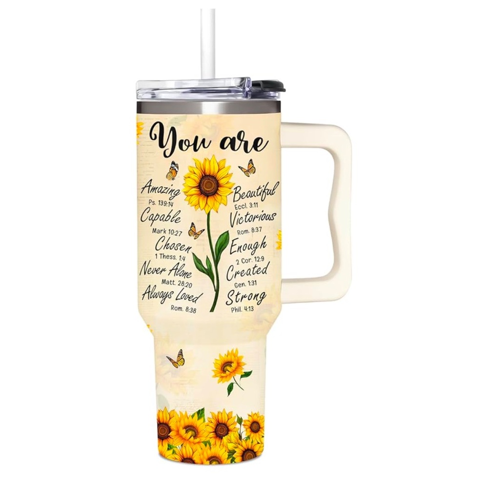 NWT Sunflower Stainless Steel Hot/Cold 40 Oz. Drink Tumbler with Handle & Straw